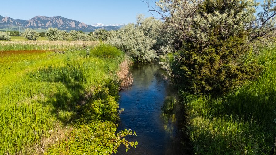 Pasture, creek and Flatirons views on the 7035 South Boulder Road equestrian property in Boulder County, Colorado