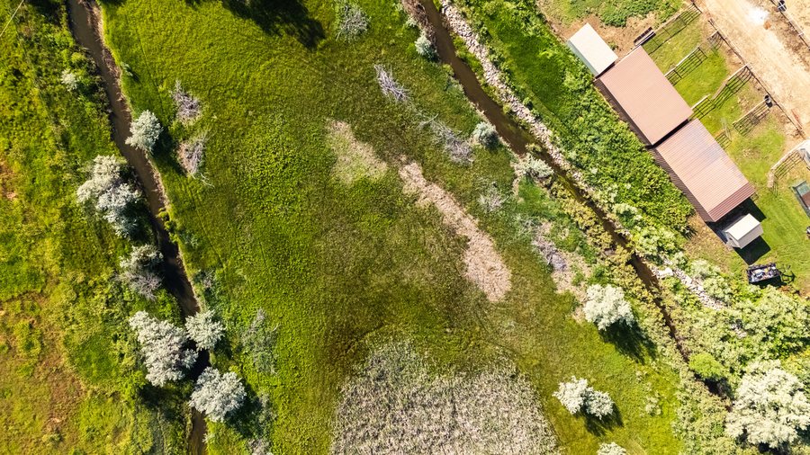 Drone photograph of irrigated Boulder County pasture, outbuildings and creek