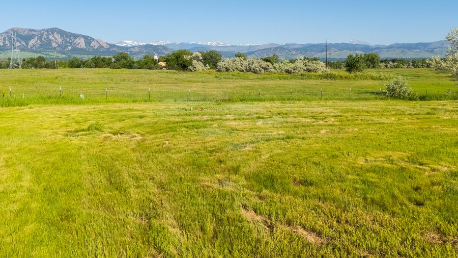 Irrigated pasture with Flatirons views in Boulder County, Colorado